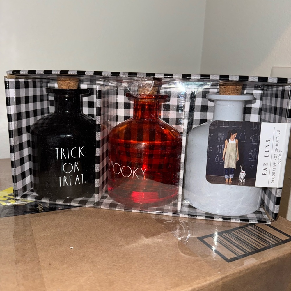 Rae Dunn Black, Red, and White Halloween Bottles